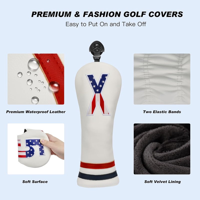 PONADA Golf Head Covers, 4pcs or 1pc USA Stars and Stripes Golf Club Covers for Woods and Driver Fairway Hybrid, PU Leather Golf Club Head Covers for Men Women with Interchangeable Tags, Fits Most Golf Clubs - Image 1